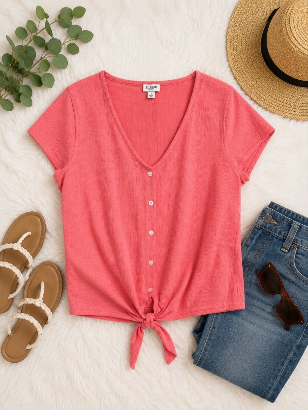 J.Crew Coral Tie Front Blouse Size Small Textured Button Front Top
